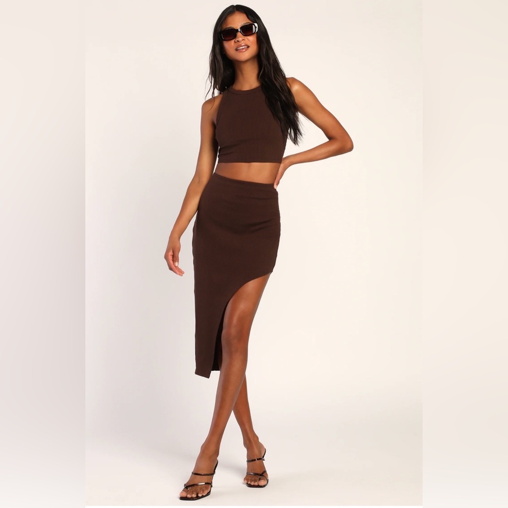 VIP Vibes Brown Ribbed Knit Two-Piece Bodycon Midi Dress